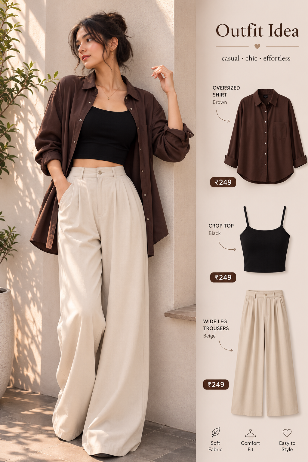 Oversized Shirt + Tube Top + Wide-Leg Pants