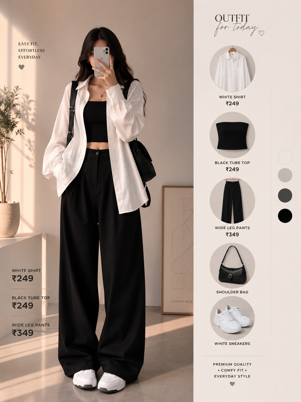 Oversized Shirt + Tube Top + Wide-Leg Pants