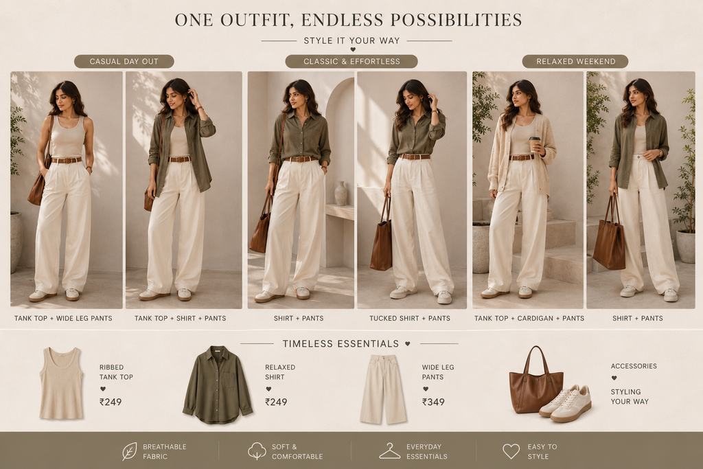 Oversized Shirt + Tube Top + Wide-Leg Pants