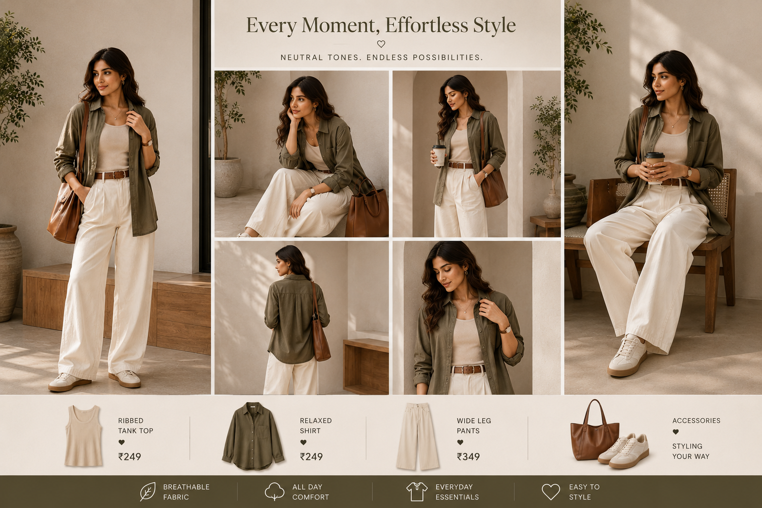 Oversized Shirt + Tube Top + Wide-Leg Pants