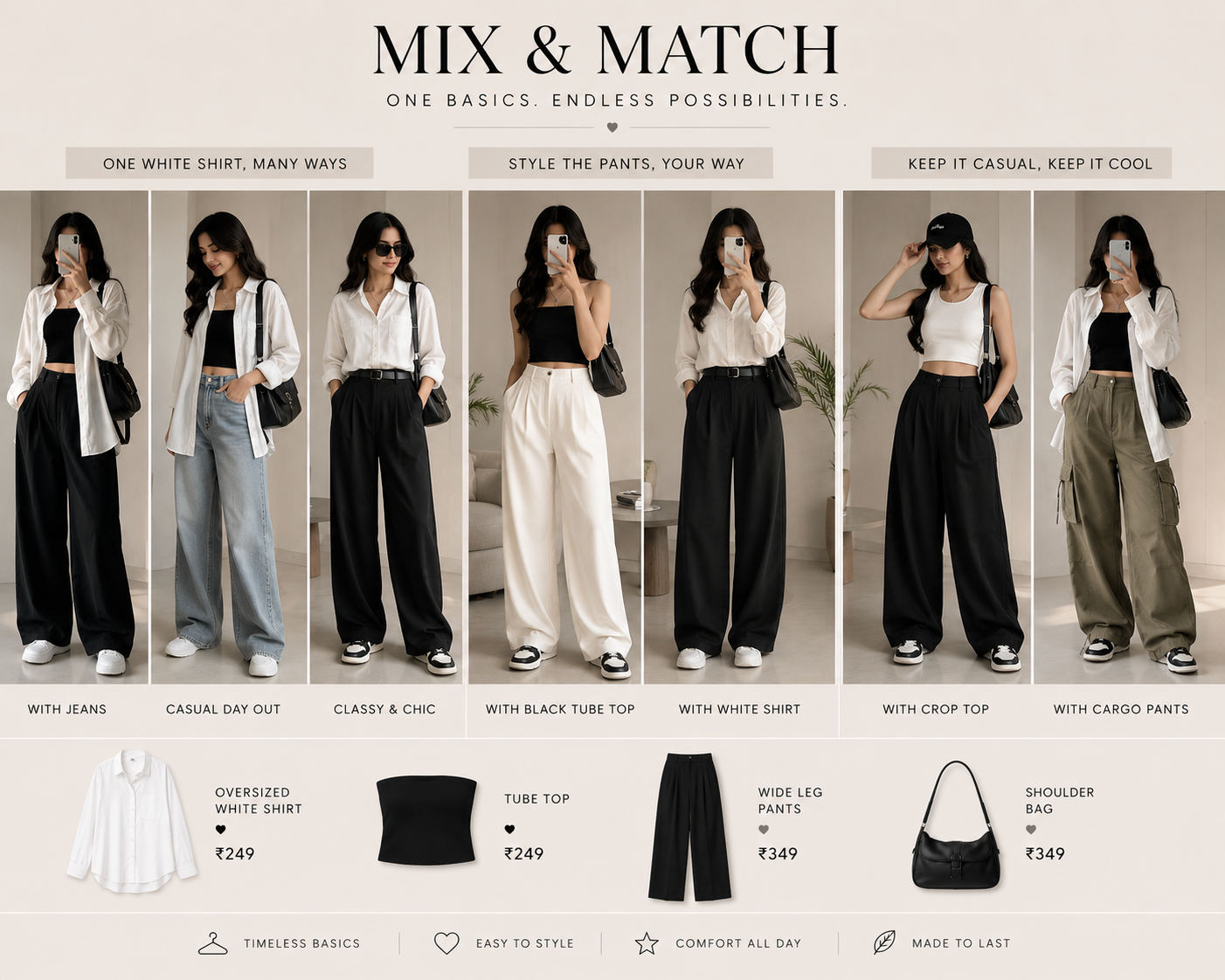 Oversized Shirt + Tube Top + Wide-Leg Pants