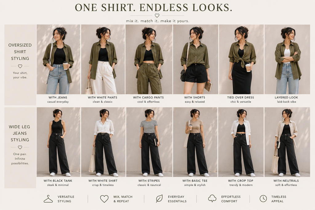 Oversized Shirt + Tube Top + Wide-Leg Pants
