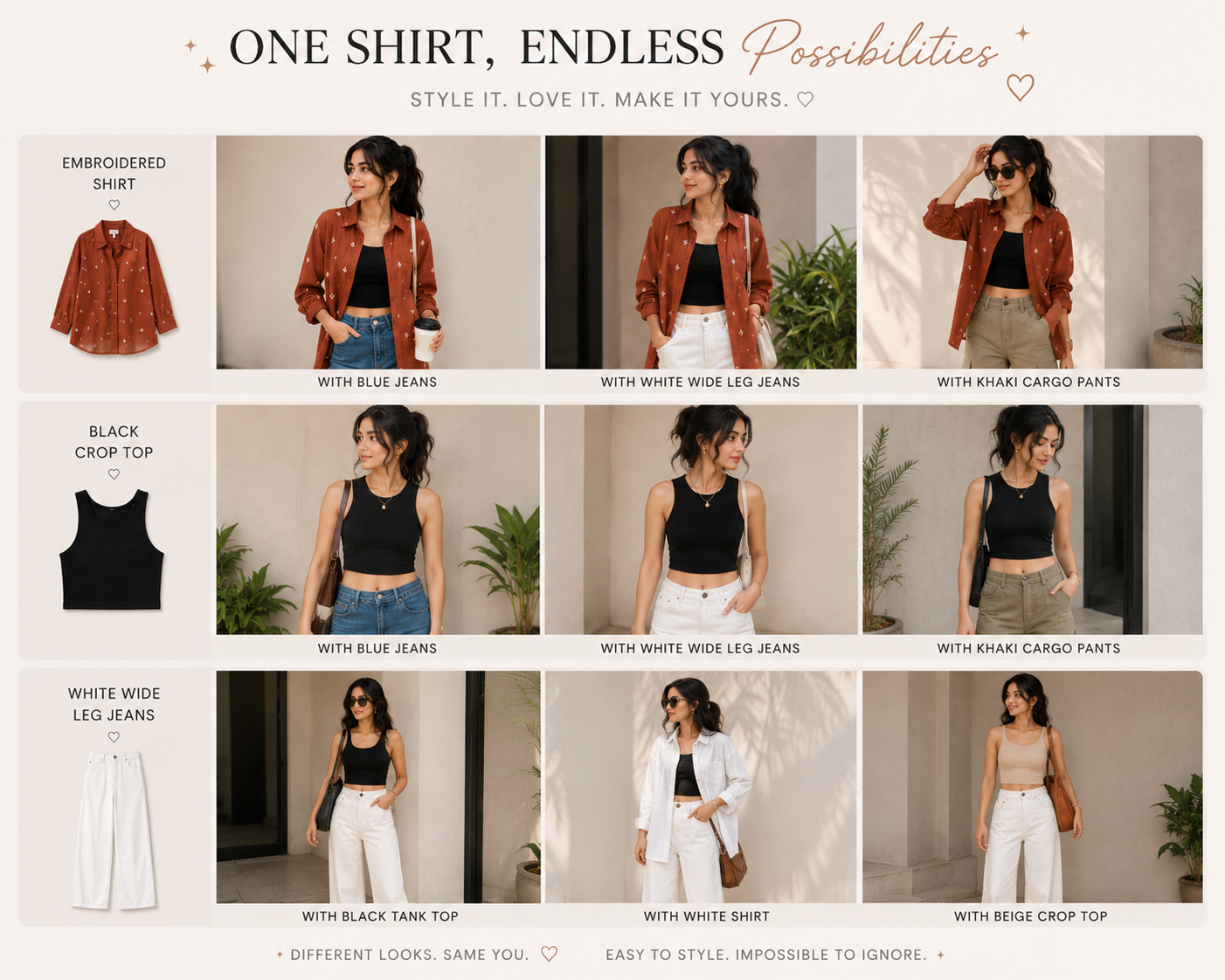 Oversized Shirt + Tube Top + Wide-Leg Pants