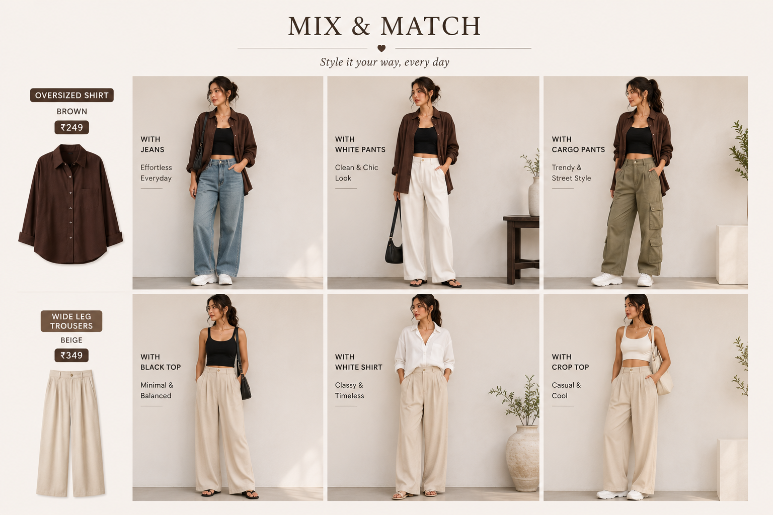 Oversized Shirt + Tube Top + Wide-Leg Pants