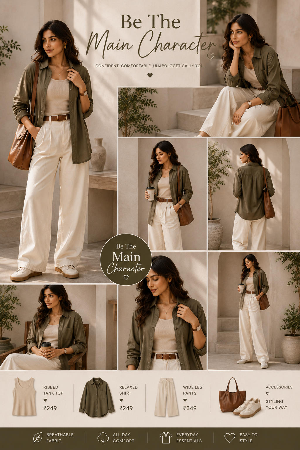 Oversized Shirt + Tube Top + Wide-Leg Pants