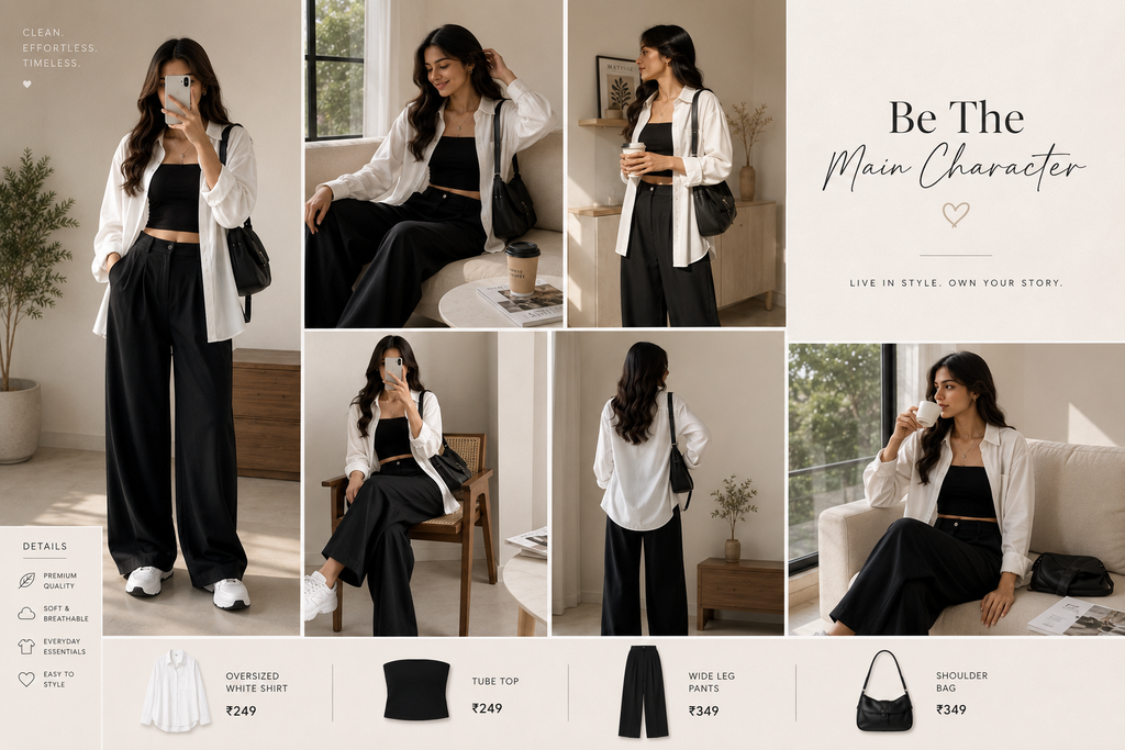 Oversized Shirt + Tube Top + Wide-Leg Pants