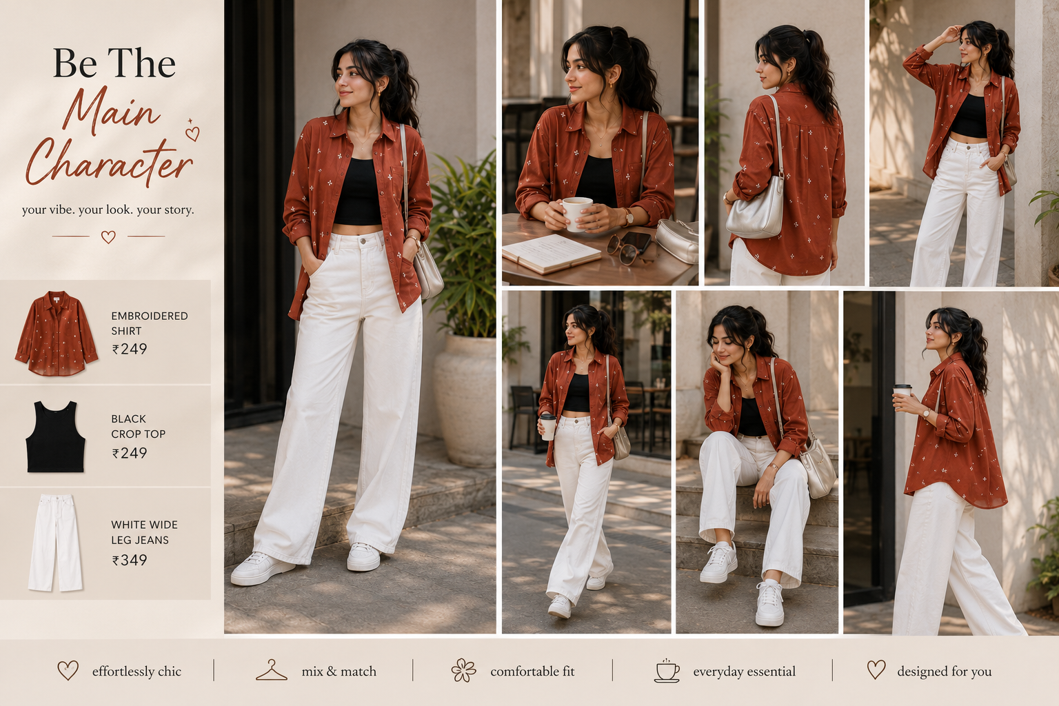Oversized Shirt + Tube Top + Wide-Leg Pants